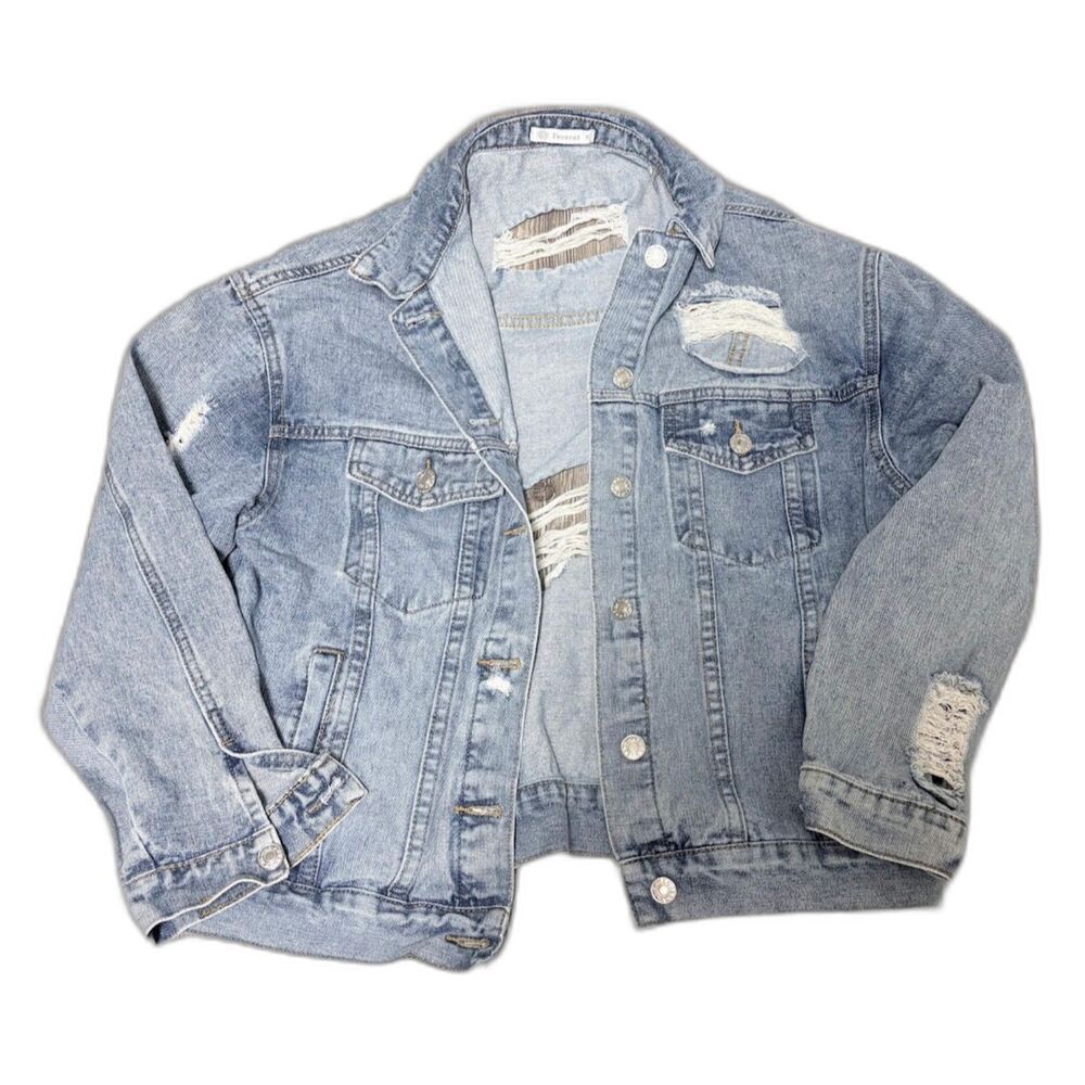 Veveret Denim Jacket S Cropped Light Washed Distressed Blue Grunge Y2K Boho